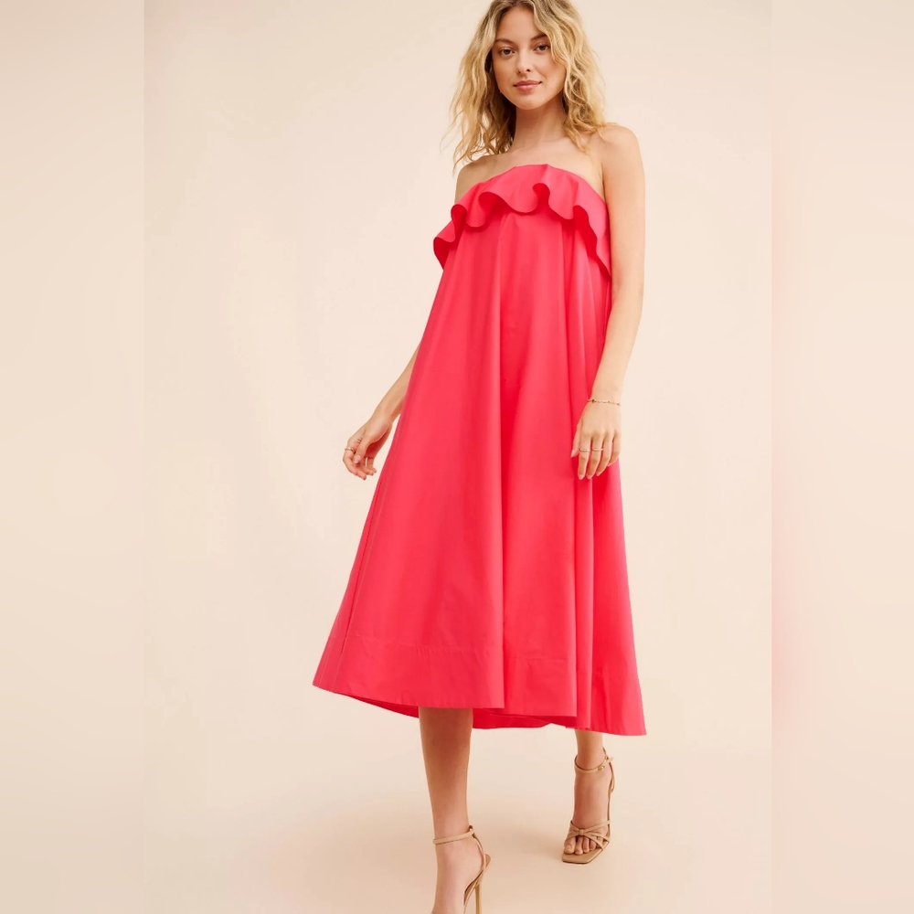 Anthropologie Strapless Ruffle Midi Dress in Coral Pink
